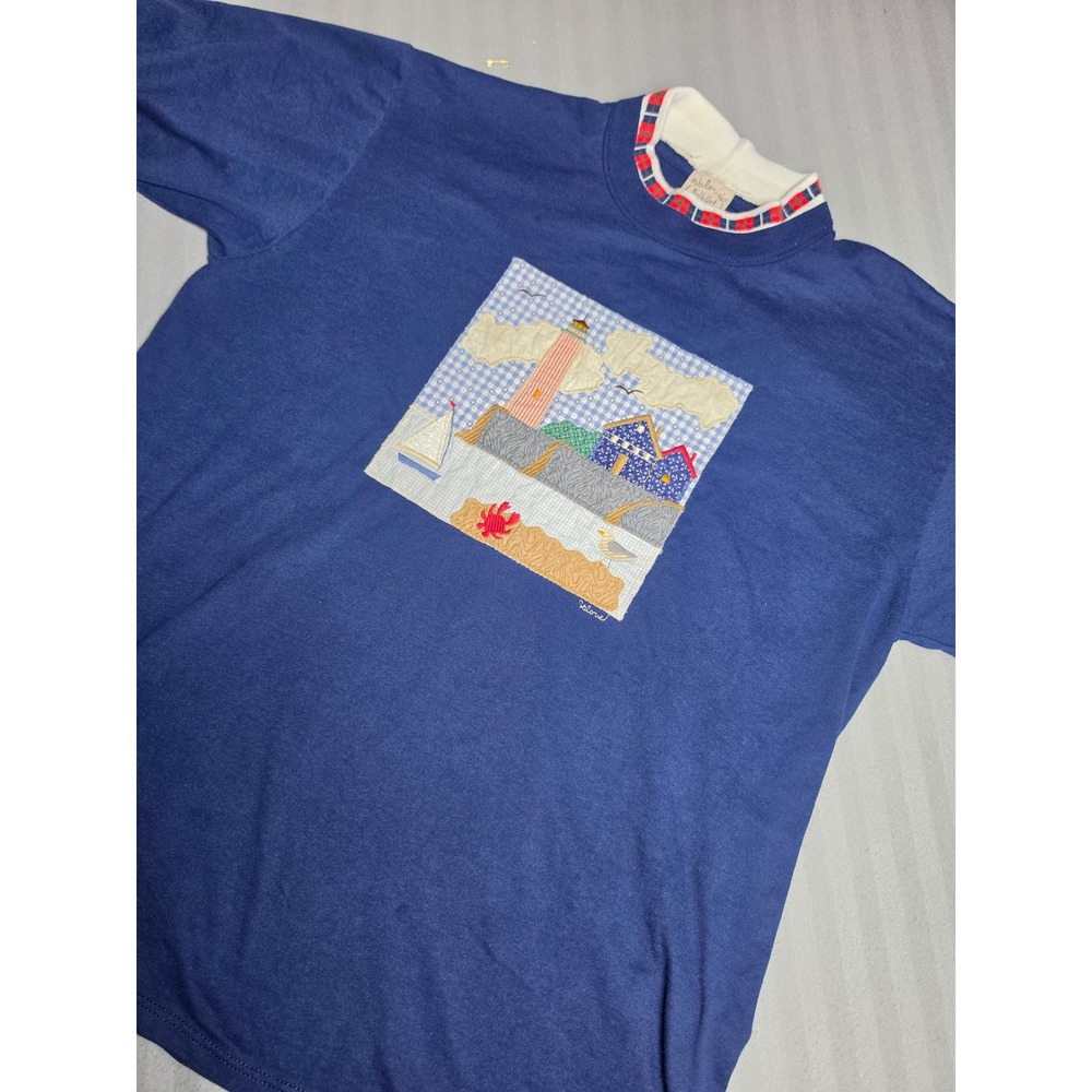 Vintage Jerzees Valorie Folk Art Applique Nautical Lighthouse T-Shirt XL Navy